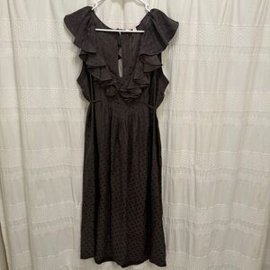 Rebecca Taylor 100% Silk Midi Dress Gray Polka Dots Womens 6 Ruffle Collar